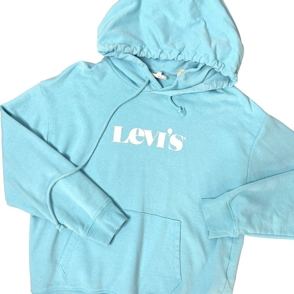 Levi’s Sky Blue Graphic Logo Pullover Knitted Hooded Sweatshirt Size Medium - Picture 1 of 16